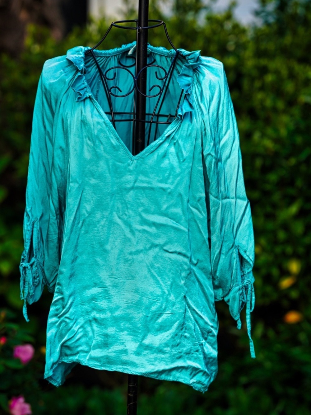 Sofia Made in Italy Turquoise Ruffle Neck Tunic Top - Medium